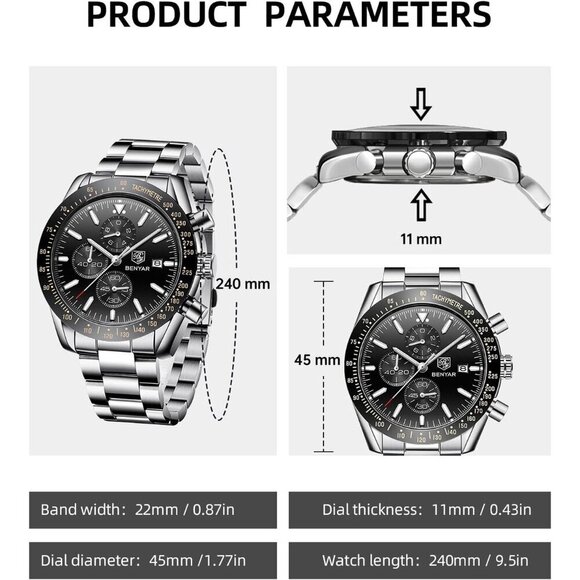 BY BENYAR Men's Silver Analog Quartz Chronograph Watch 30M Waterproof Luminous - Picture 6 of 8